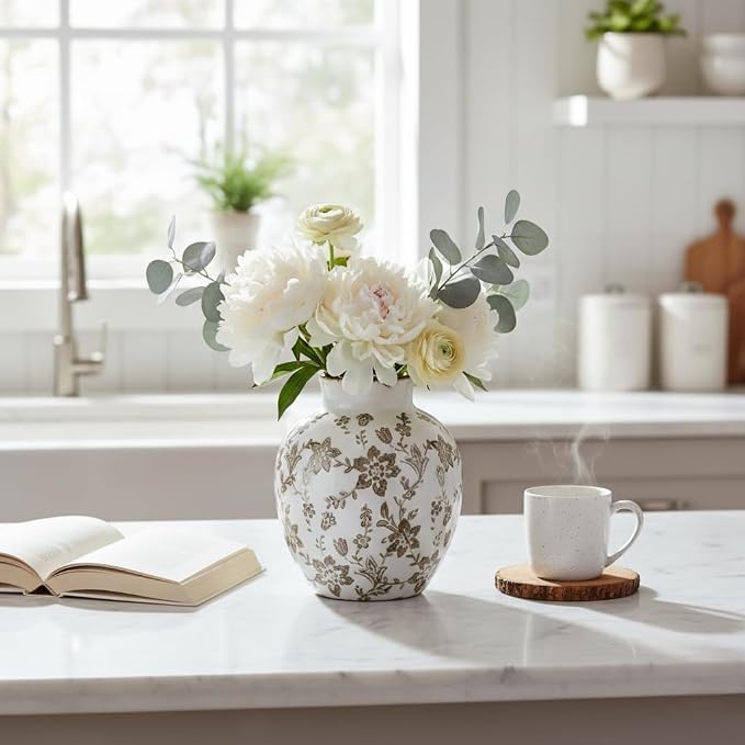 SIDUCAL Ceramic Vintage Vase, 5.83 Inch Retro Ice Cracked Chinoiserie Floral Vase, Rustic Farmhouse Vases for Home Decor, Bookshelf, Garden, Chinoiserie Decor, Tuscan Decor, Brown Floral Pattern