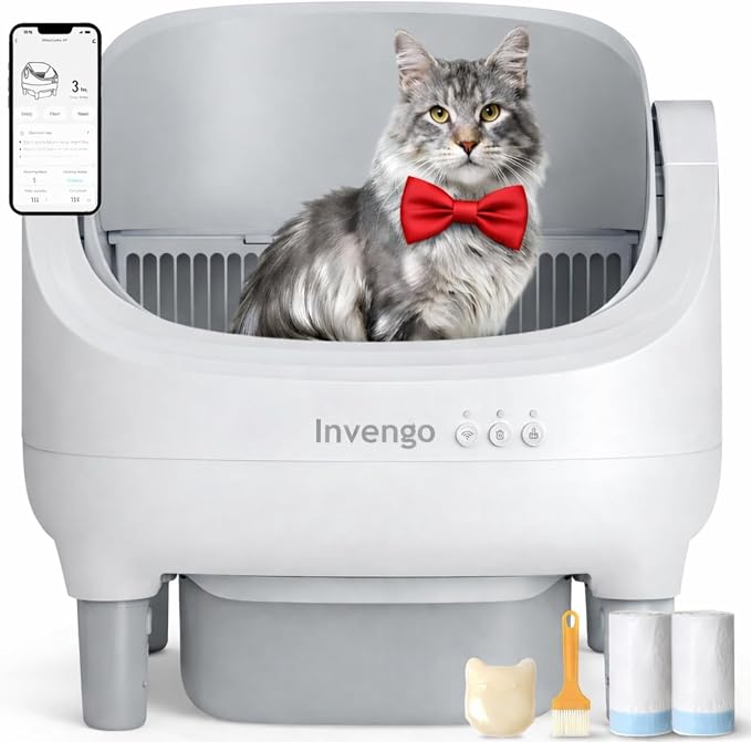 Invengo Automatic Cat Litter Box Self Cleaning, App Control, Open-Top Automatic Litter Box with Safety Sensors, Ultra-Quiet, 10.5L Waste Bin with Odor Control, 2 Rolls of Garbage Bags, LightGrey
