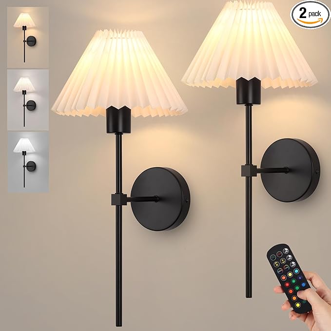 Rechargeable Battery Operated Wall Sconces Sets of 2, 15 Colors Wireless Wall Sconce, Black Wall Lights Fixture with Dimmable Bulbs and Remote, Not Hardwired Wall Mounted Lamps for Bedroom Living Room