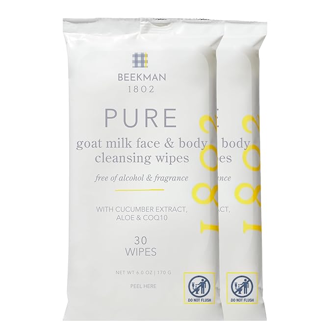 Beekman 1802 Face Wipes – Makeup Remover Wipes for Face, Facial Cleansing Wipes that Remove Makeup & Dirt, Travel Essentials, Face Wipes with Goat Milk & Aloe, Fragrance Free 30 Count (2 Pack)