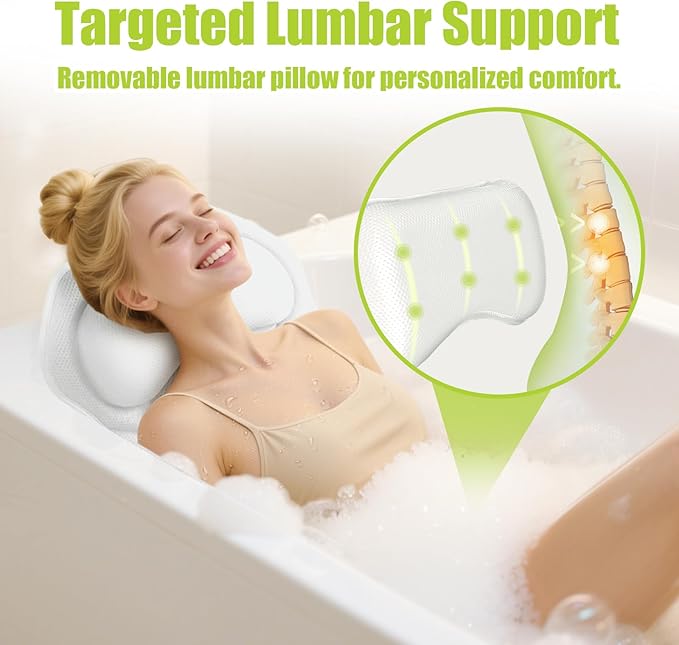 Bathland Full Body Bath Pillow for Tub - Extra Long & Thick Tub Pillow with Head, Back & Lumbar Support, 168 Non-Slip Suction Cups, Soft 5D Mesh Spa Cushion, Fits All Tubs-Gift for Soaking