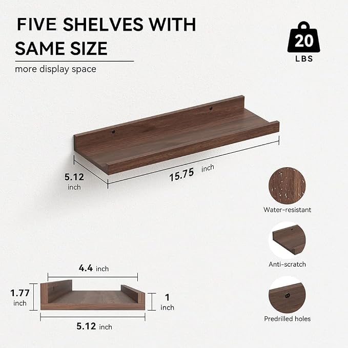 RICHER HOUSE 5-Set Floating Shelves with Lip, Walnut Wall Mounted Shelf | Display Picture Ledge Shelf, Anti-drop lip Shelf for Room Wall Decor, Bedroom Bathroom Storage Nursery Books, Easy Setup 16in