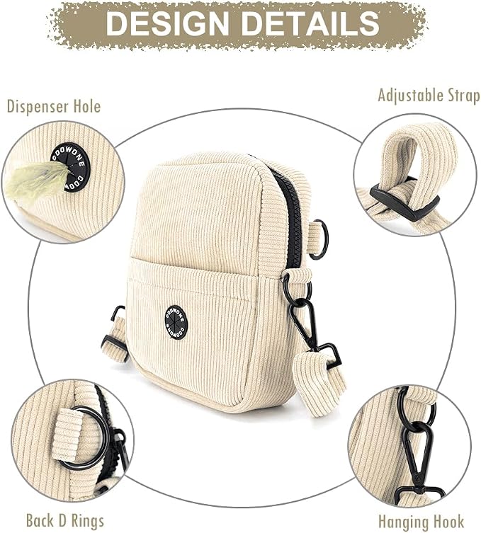 Velvet Dog Training Pouch | Large Capacity Pet Treat & Toy Bag with Built-in Poop Bag Dispenser (Beige-white)