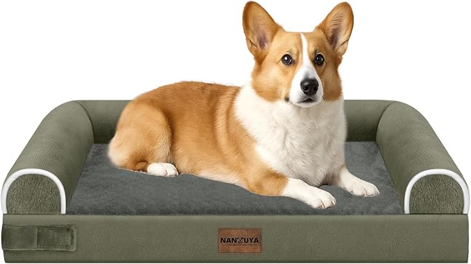 Orthopedic Dog Bed for Medium Dogs, 30 x 20 Inch, Dark Green | Egg crate foam for joint support, 3-sided bolster pet sofa, waterproof lining, washable cover, and non-skid base