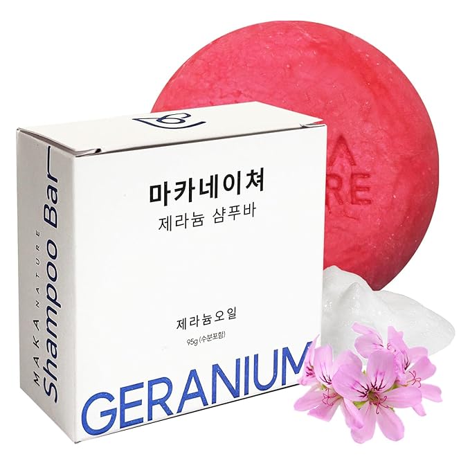 Maka Nature Low-Carbon Shampoo Bar | Korean K-Beauty Haircare with Natural Ingredients for Scalp & Hair Types | Vegan, Eco-Friendly, pH balanced, 3.35oz (Geranium), Made in Korea