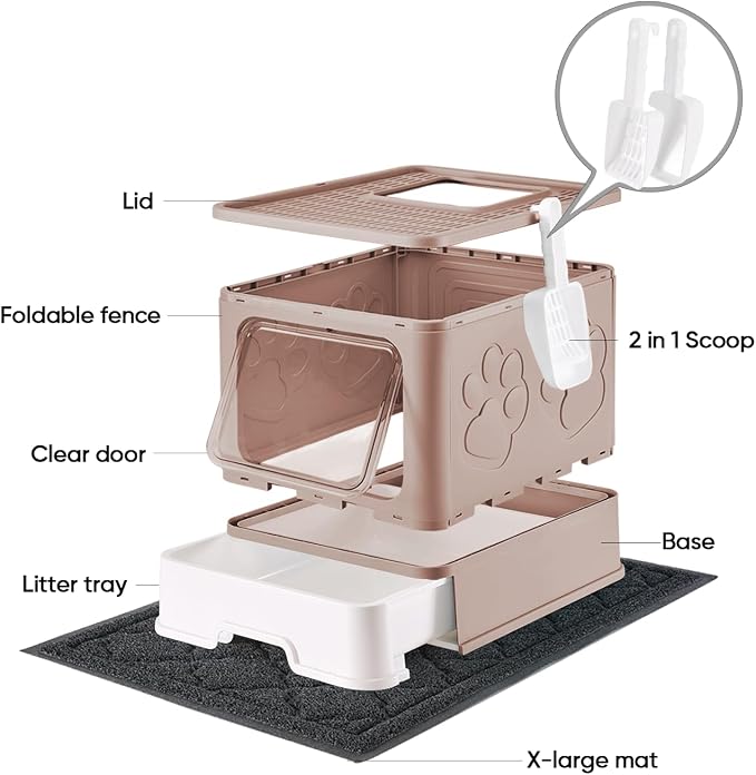 Medario Cat Litter Box with X-Large Litter Mat and Scoop(Upgrade Coffee) | Large Covered Litter Box with Lid, Enclosed Kitty Box,Front Top Entry Exit, Odor Control Easy to Clean