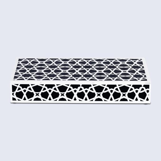 Handicrafts Home Large Decorative Storage Box with Lid, Black and White Moroccan Zellij Coffee Table Storage Box, Remote Control Holder, Keepsake Box for Living Room & Shelf Decor, Zellij 12 x 6 x 2