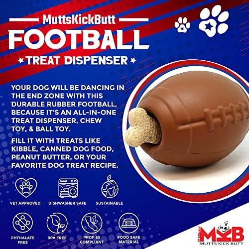 SodaPup MuttsKickButt Football – Durable Dog Treat Dispenser & Chew Toy Made in USA from Non-Toxic, Pet Safe, Food Safe Natural Rubber for Mental Stimulation, Problem Chewing, Calming Nerves & More