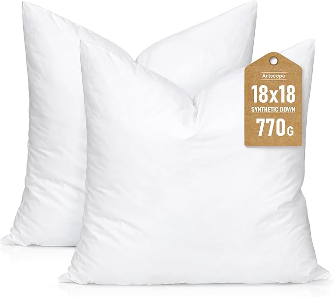 Artscope Synthetic Down Pillow Insert, 18x18 Throw Pillow Inserts Set of 2 | Down Alternative Ultra Soft Fluffy Sleeping Pillow, 100% Cotton Cover, Decorative Pillows-White