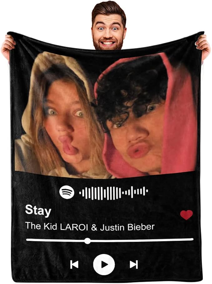 DayOfShe Spotify Code Music Photo Blanket Customized for Boyfriend and Girlfriend Gifts, Personalized Picture Blankets Wife Birthday Photo Gifts for Women Men