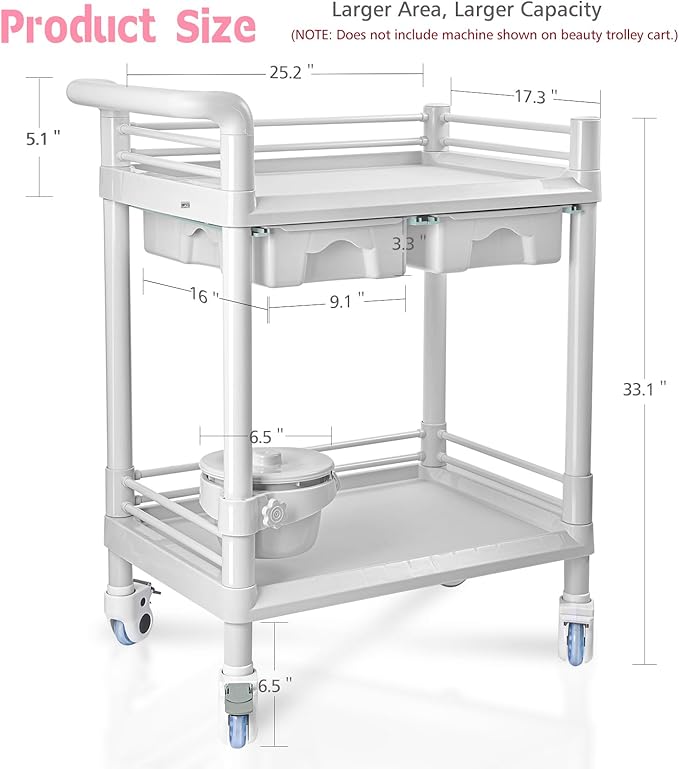 Beauty Trolley Cart with Wheels, Esthetician Cart with Handrail, Bucket and 2 Big Drawer, 2 Tier Heavy Duty Vacuum Therapy Machine Trolley, Load 330lbs, 360° Rotate Silent Wheels