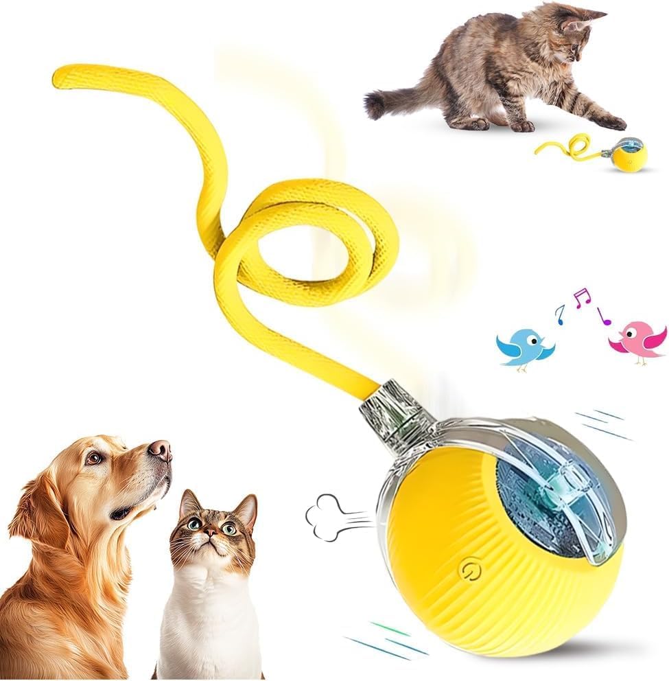 Interactive Cat Toy Ball, 2026 New Rechargeable Motion Activated Self Solo Play Electronic Stimulation Chase Teaser Ball Toy with Rope for Indoor Bored Adult Cat and Dog (Yellow, 1pcs)