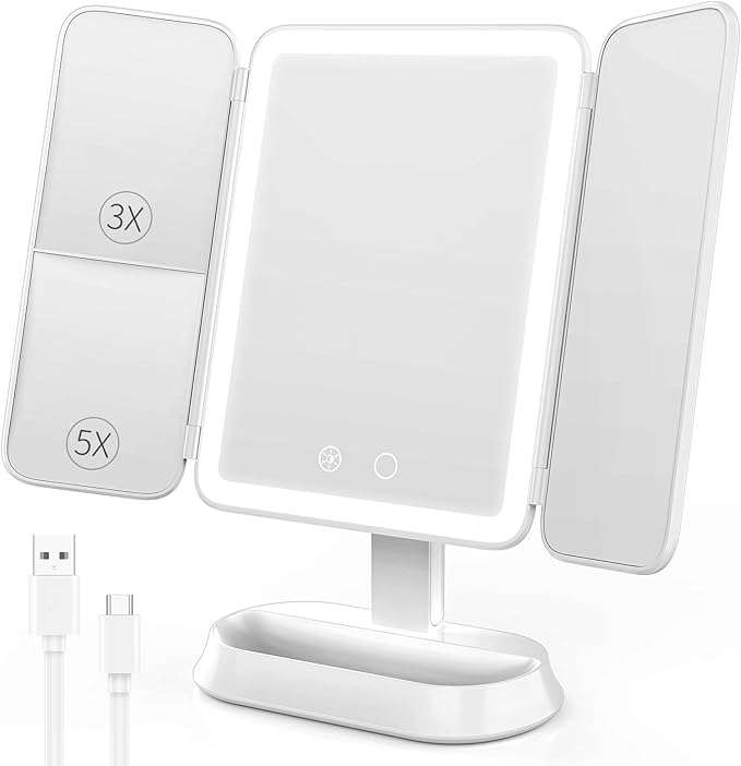 FRANO Vanity Mirror with Lights - Rechargeable Lighted Makeup Mirror | 1X/3X/5X Magnification, Smart Touch, 3 Colors Dimmable | Portable Trifold Mirror for Travel for Women and Girls