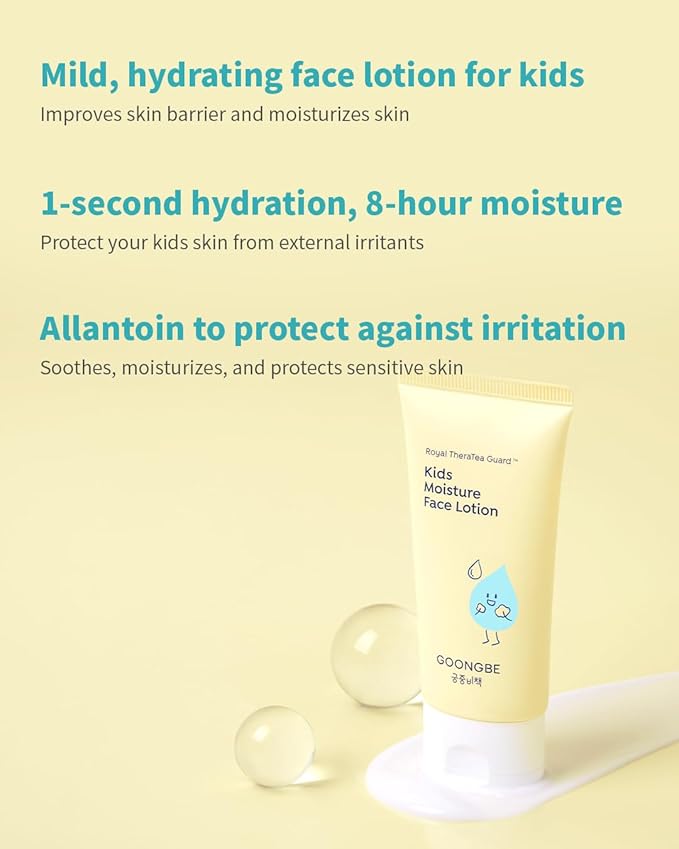 GOONGBE Kids' Moisture Face Lotion - Non-Sticky Quick-Absorb Daily Moisturizer for Sensitive Skin, 8hr Moisturizing Cream with Cica and Allantoin, Barrier-Support Formula, Allergen Free 2.7 fl.oz.