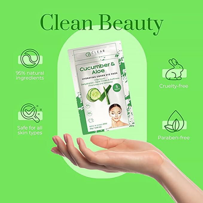 Clear Beauty Cucumber & Aloe Under Eye Patches for Puffy Eyes and Dark Circles – Dermatologist Tested, Anti Aging Korean Skin Care – Cooling Treatment for Eye Bags and Fine Lines – Clean Vegan 5 Pairs