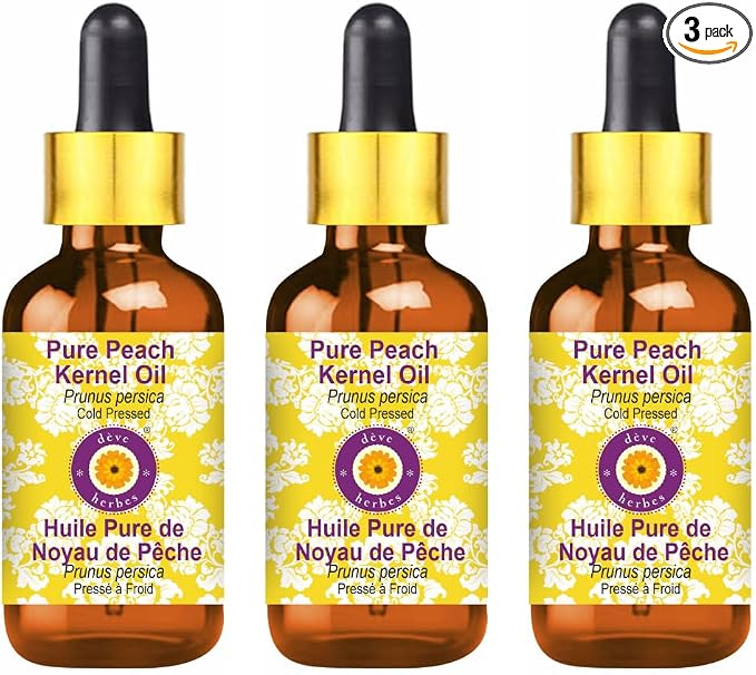 Deve Herbes Pure Peach Kernel Oil (Prunus persica) with Glass Dropper Cold Pressed (Pack of Three) 100ml X 3 (10 oz)