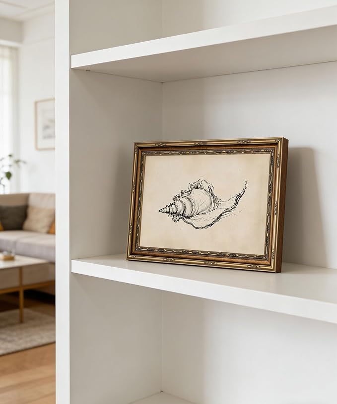 Gold Framed Wall Art Vintage Seashell Sketch Wall Art Summer Rustic Neutral Ocean Conch Wall Decor Coastal Beach House Poster Print for Living Room Bathroom Bedroom 9x11in