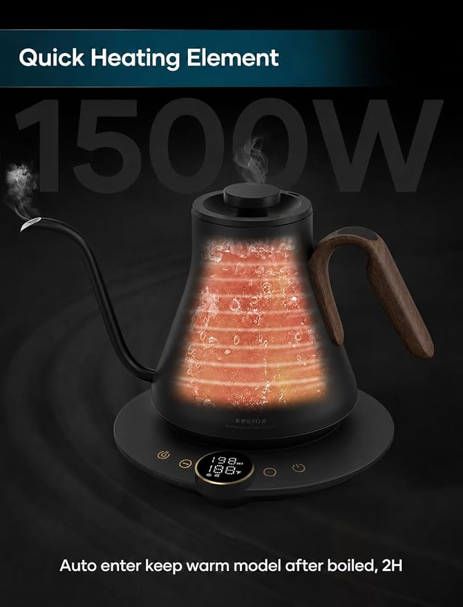 INTASTING Gooseneck Electric Kettle with ±1℉ Temperature Control for Pour Over Coffee & Tea, Quick Heating, BPA-Free Stainless Steel, Built-in Brew Timer, 1500W/0.9L (Black Walnut)