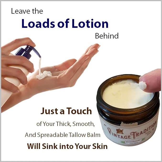 Vintage Tradition Beef Tallow All Purpose Balm - Healing, Hydrating Luxurious Skin Care Salve Replaces Body Lotion, Hand Cream, More - Essential Oil, Olive Oil, and Grass-Fed Tallow, 2 fl. oz.