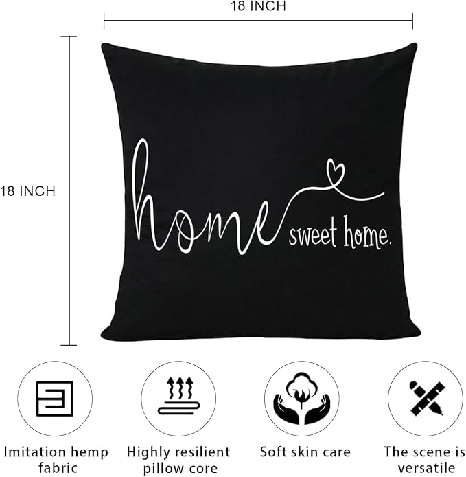 Home Sweet Home Quotes Farmhouse Pillow Covers 18x18 Inch,Farmhouse Decorative Lumbar Throw Pillow Case Cushion Cover,Housewarming Gift,Black