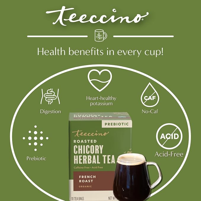 Teeccino French Roast Herbal Tea - Rich & Roasted Herbal Tea That’s Caffeine Free & Prebiotic for Natural Energy, Coffee Alternative, 10 Tea Bags