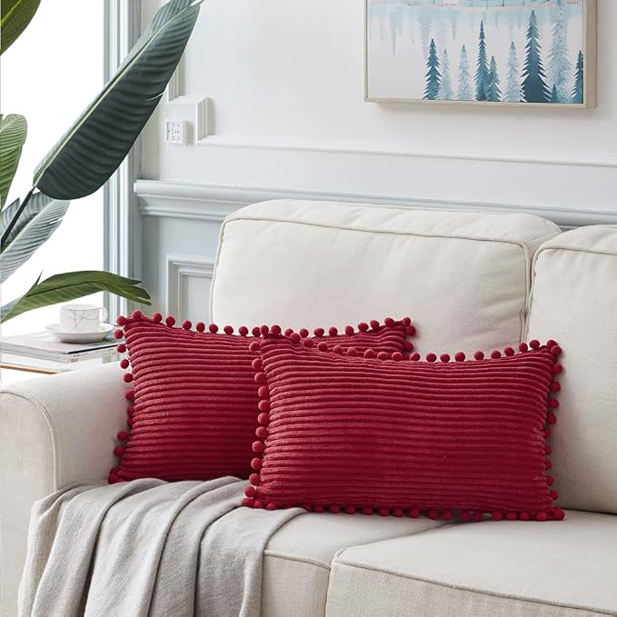 Fancy Homi 2 Packs Burgundy Lumar Decorative Throw Pillow Covers 12x20 Inch with Pom poms, Christmas Home Decor, Soft Corduroy Accent Rectangle Cushion Case for Living Room Couch Bed Sofa