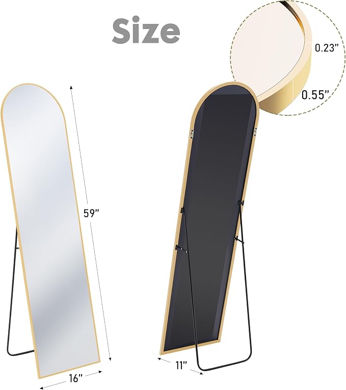 DUMOS 59"x16" Arched Full Length Mirror with Stand, Full Body Floor Mirror | Free Standing or Wall Mount, Nano Glass Aluminum Frame, Hanging or Leaning, Modern Simple Home Decor, Gold
