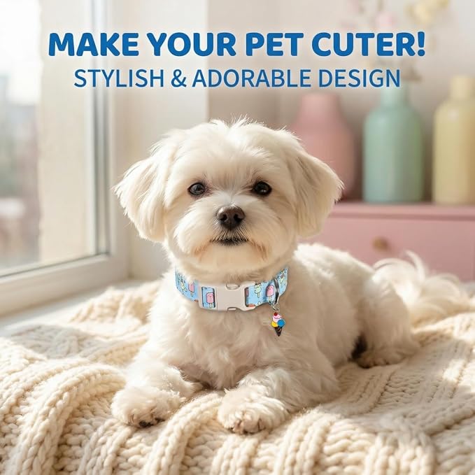 Blue Dog Collar for Large Dogs, Boy Girl Dog Collar with Ice Cream Pattern for Spring Summer, Breathable Adjustable Large Collars for Male Female Dogs, L
