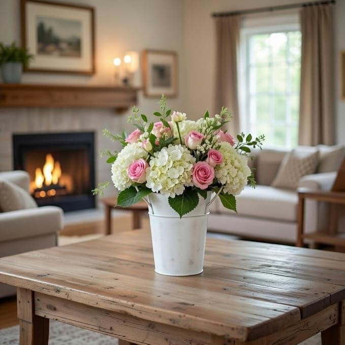 Hosley Set of 2 White Wash Finish Bucket/Pot Vase with PVC Liner, 5" Dia x 7" H Ideal Gift for Floral Arrangements Wedding Home Office Party DIY Indoor Outdoor Garden Patio