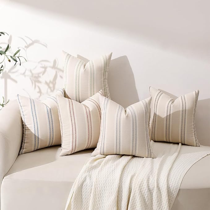 Hckot Striped Throw Pillow Covers 24x24 Set of 2 Charcoal Pillow Covers | Large Farmhouse Decorative Pillows Textured Linen Square Cushion Covers for Sofa Couch Bed Living Room Decor