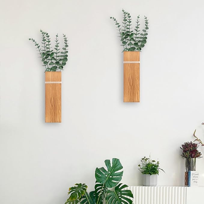 Wall Planters for Indoor Plants-2 Pack Wood Wall Vases for Dried Flowers & Artificial Plants Modern Farmhouse Wooden Vase for Living Room Bedroom Kitchen Decorations - Brown