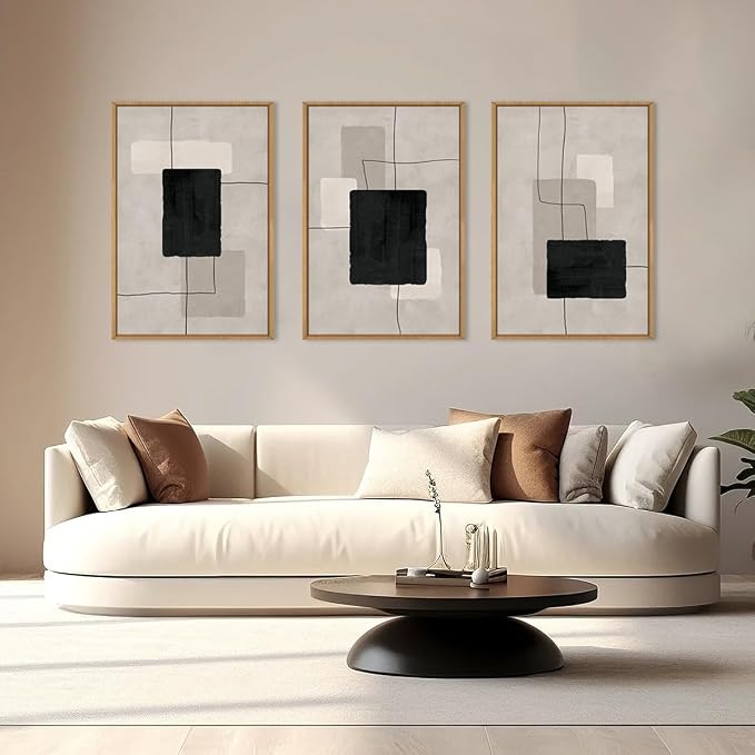 ANHUIB Modern Abstract Wall Art Canvas,Neutral Abstract Wall Art Framed,Contemporary Minimalist Prints,Geometric Line Artwork,3 Piece 24 * 36IN Mid Century Painting for Living Room Bedroom Office