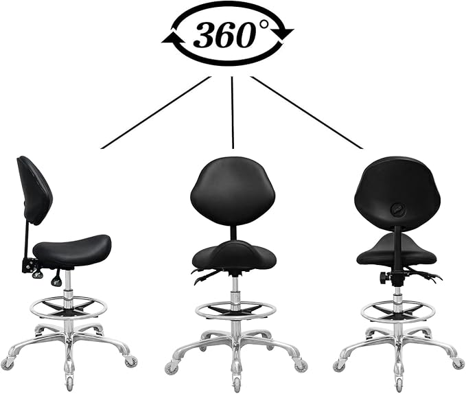 Saddle Stool Chair with Back Support Footrest, Heavy-Duty(350LBS), Hydraulic Rolling Swivel Adjustable Stool Chair for Salon Spa Beauty Massage Dental Clinic Home Office Use(Black)
