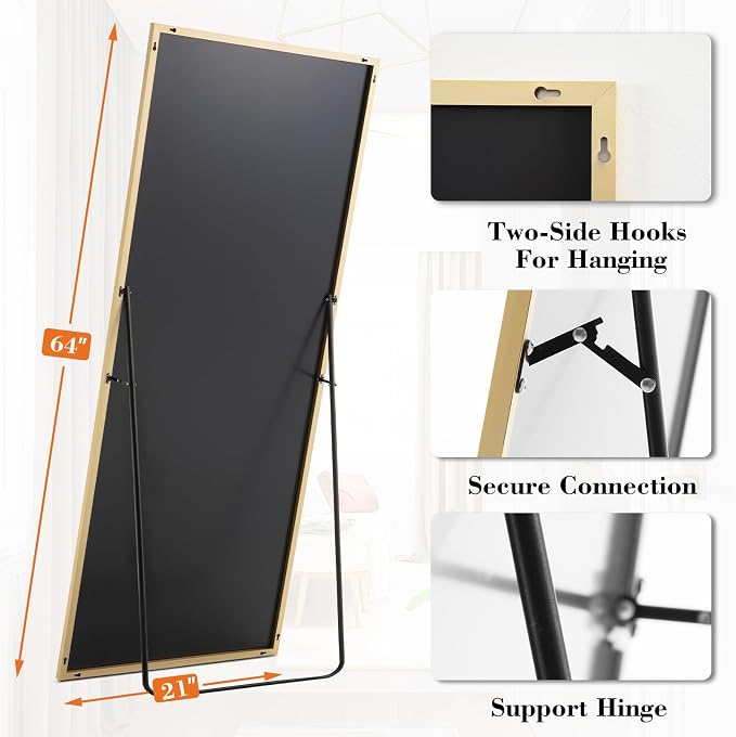 DUMOS 63"x20" Full Length Floor Mirror, Full Body Mirror | Free Standing or Wall Mount, Nano Glass Aluminum Frame, Hanging or Leaning, Modern Simple Home Decor, Gold