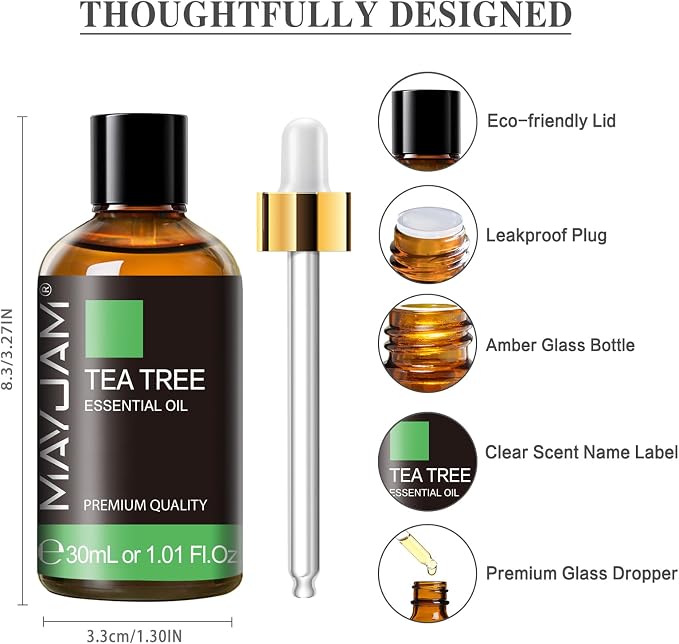 MAYJAM Tea Tree Essential Oil for Diffuser Soap Candle Making, 1.01fl.oz | Long Lasting Scents, Tea Tree Oil for Skin Face Nails Hair, Ideal for Home and Office