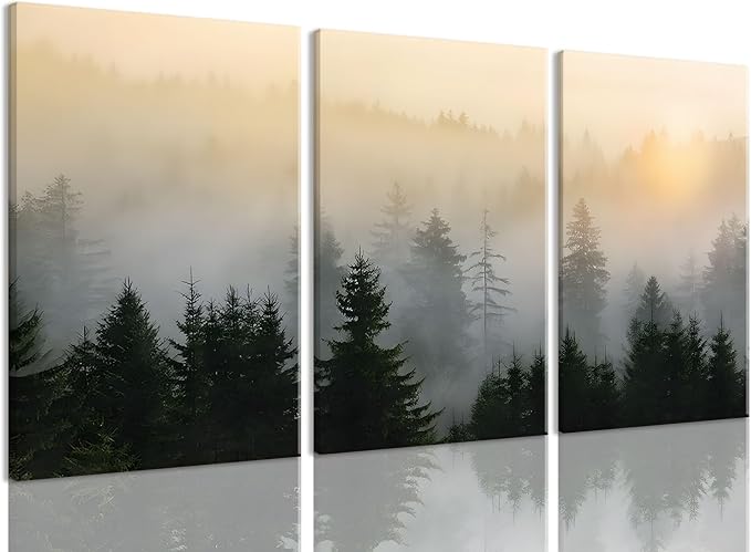 Bwodke Misty Forest Mountain Canvas Wall Art Set of 3, 12x16 inch | Nature Landscape Wall Decor, Misty Forest Mountain Prints, Living Room Bedroom Office Art