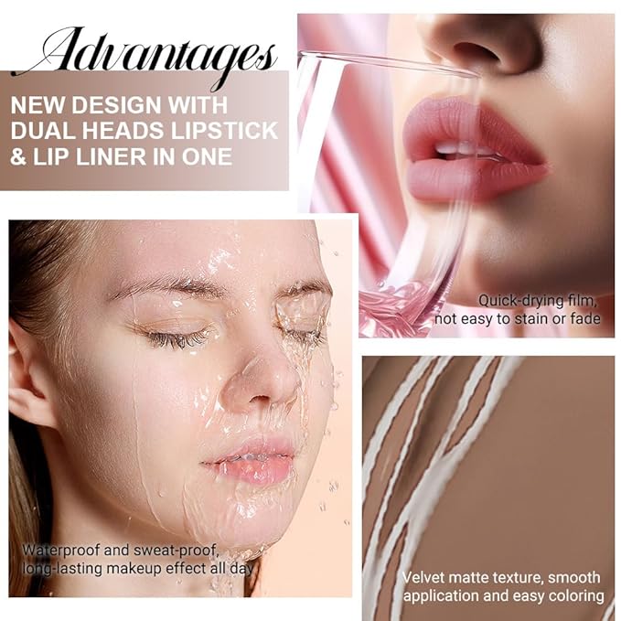 1Pcs 2 in 1 True Nude Matte Lip Liner and Liquid Lipstick Stain Makeup Set for women, True Nude Long Lasting Smudge Proof Lip Tint Matte Finish Lip Gloss for All-Day Color Hold Easy to Use 62#