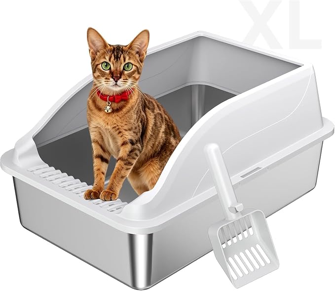 Stainless Steel Cat Litter Box, Extra Large XL Odor Free Metal Litter Box with High Sides Lid, Open Top Litter Pan Include Scoop Easy Cleaning Kitty Cat Box Anti-Urine Leakage, Non-Sticky
