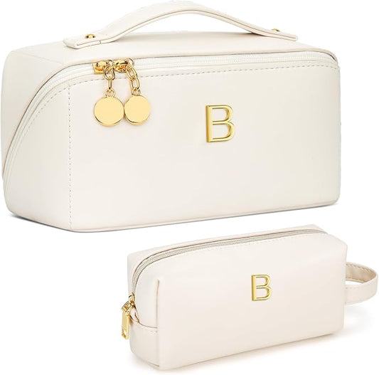 KKXIU Initial Makeup Bag for Women - Personalized Makeup Bag Gifts for Women, Travel Toiletry Bag with PU Leather, Open Flat Design with Top Handle, Cosmetic Bag Set with Multi-Pocket (Beige,B)