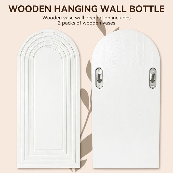 2 Pack Wooden Wall Vase Set, Boho Hanging Planter for Indoor Plants & Flowers, Wood Wall-Mounted Planters for Living Room, Modern Farmhouse Entryway or Bathroom, Rustic Art for Home (White)