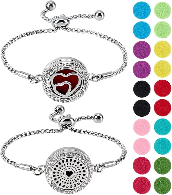WEBEEDY 2 Styles Essential Oil Diffuser Bracelet Set with 20 Refill Pads for Women, Stainless Steel Adjustable Aromatherapy Locket Bracelet for Birthday Scent Jewelry Gifts