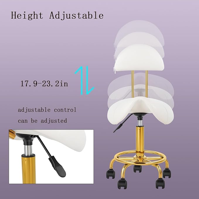 Saddle Chair Rolling Swivel Chair with Soft Comfortable Cushion and Wheels Hydraulic Stool for Home Office Tattoo Salon Shop Use White with Backrest