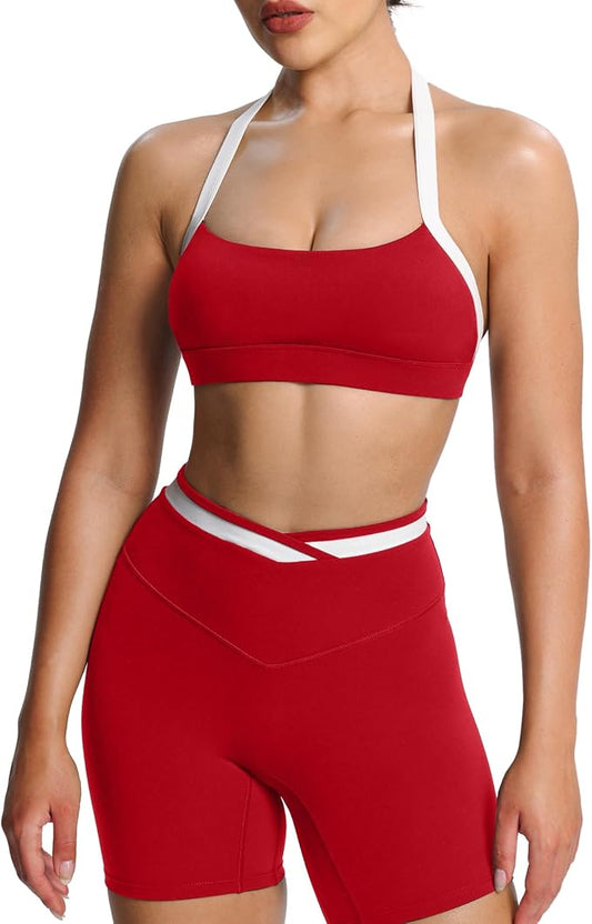 Aoxjox Women's Color Block Halter Workout Sports Bras Fitness Athletic Vanessa Bra Yoga Crop Tank