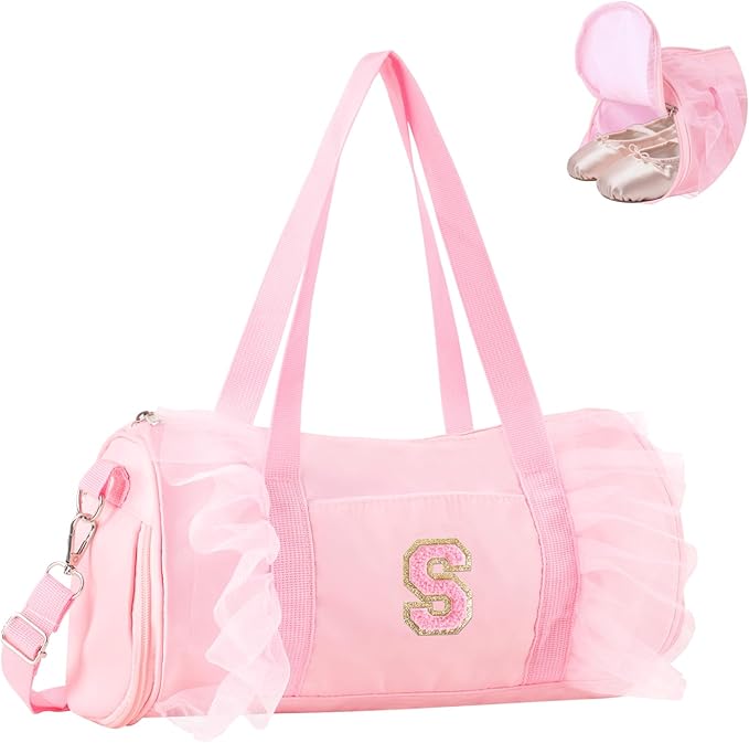 Personalized Initial Dance Bag for Girls 6-9, Medium Lace Gym Sport Yoga Cheer Dance Bags Gift for Teen Girls, Cute Letter Kids Ballet Bag Toddler Travel Duffel Tote with Adjustable Straps(Pink-S)