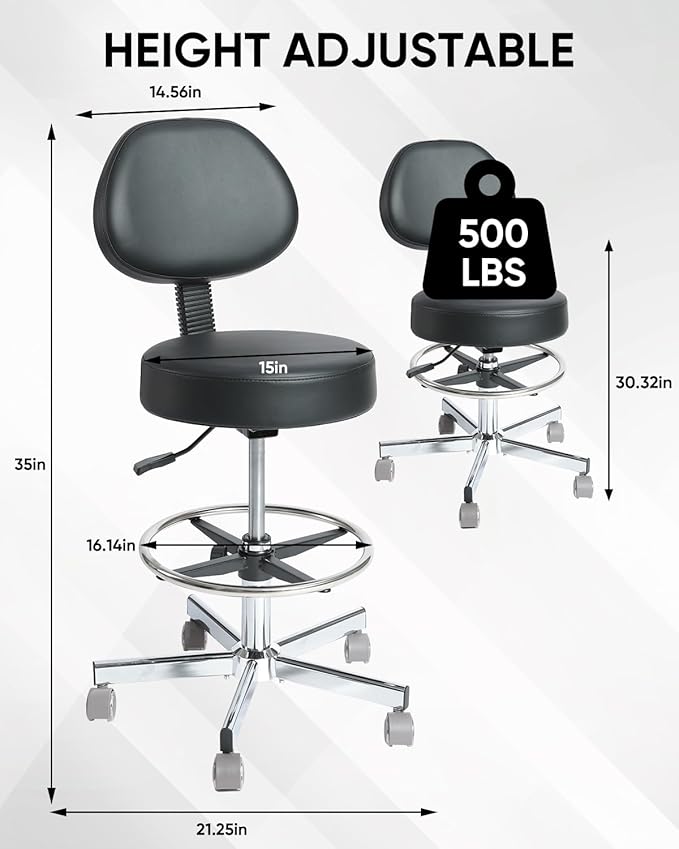 Rolling Stool with Wheels Swivel Stool with Back,Adjustable Heavy Duty Office Stool Multi-Purpose Office Desk Chair,for Guitar Tattoo Shop（Black）