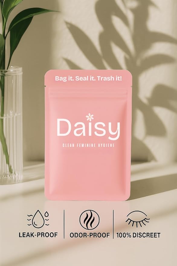 Odor-Proof Sanitary Trash Bags for Tampons, Pads, Discs, Panty Liners & Feminine Wipes | The Daisy Pouch +Plus Discreet Disposal Bags for Home, Work, School & Travel