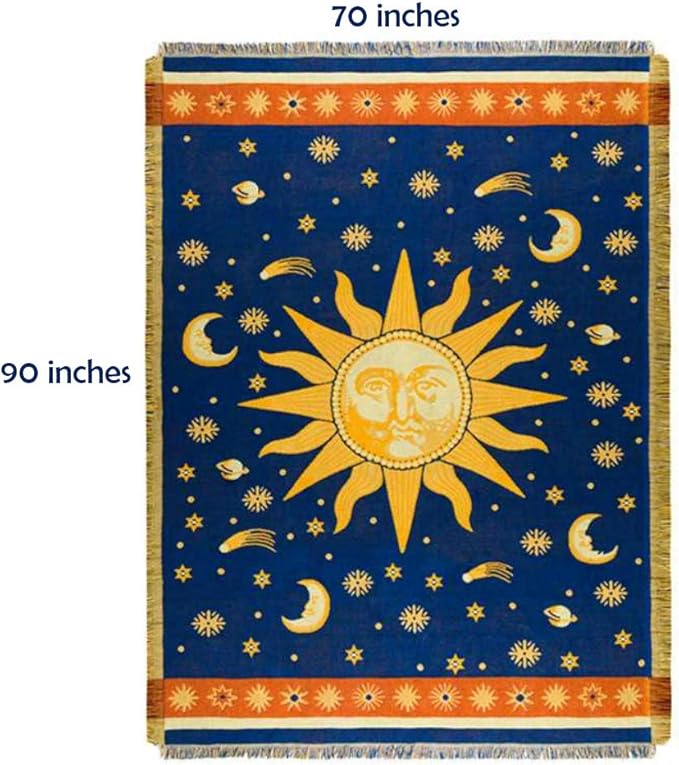 Erke Sun Blanket Hippy Celestial Couch Sheet Cover Wicca Home Decor 70"x90" | Sun Moon Witchy Hippie Decoration, Double Sided Cotton Woven 90s’ Throws Blankets for Couch Bed