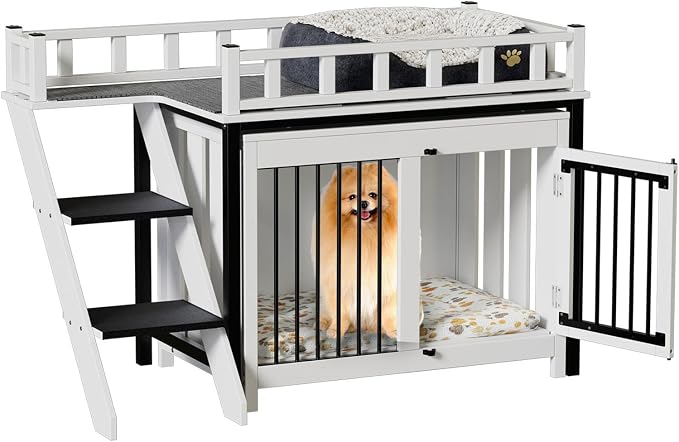 PakaLife Loft-Style Dog Crate Furniture with Double Doors, Heavy Duty Dog Kennel Indoor for Medium and Large Dogs, Wooden Pet House with Multi-Purpose Blanket and Fluffy Dog Bed