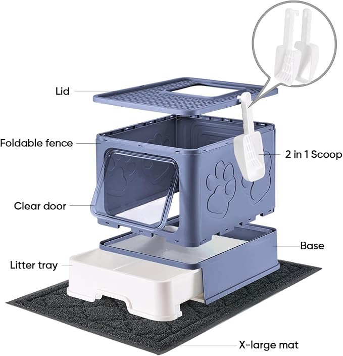 Medario Cat Litter Box with X-Large Litter Mat and Scoop(Upgrade Midnight) | Large Covered Litter Box with Lid, Enclosed Kitty Box,Front Top Entry Exit, Odor Control Easy to Clean