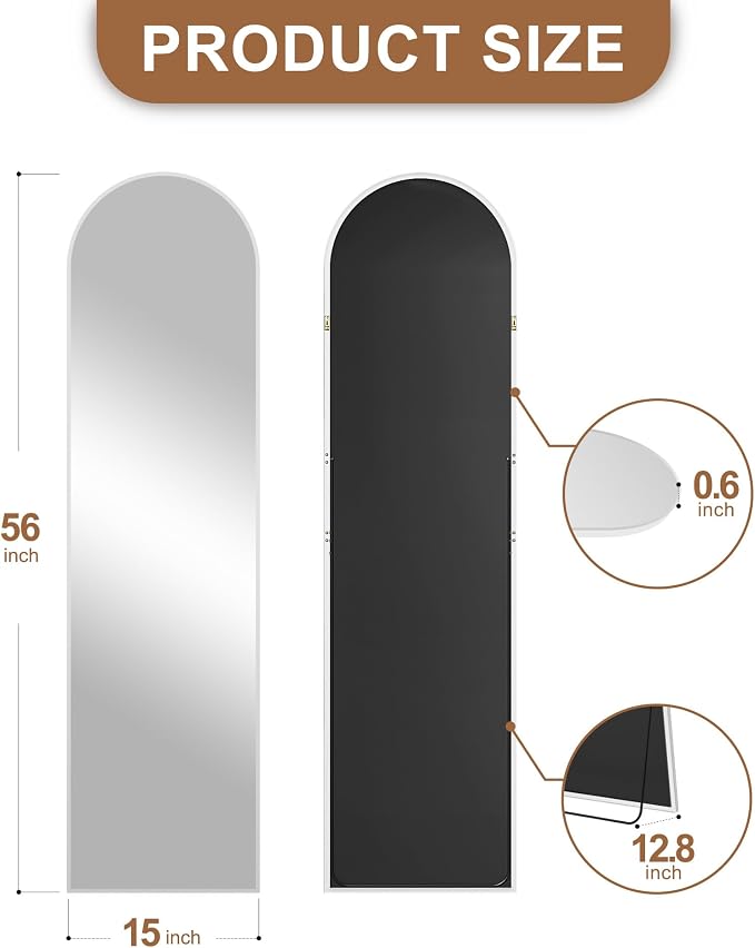Arched Full Length Mirror with Stand, 56x15 Silver Floor Mirror | Aluminium alloy frame with HD float glass for distortion-free reflection. Free standing or wall mounted.